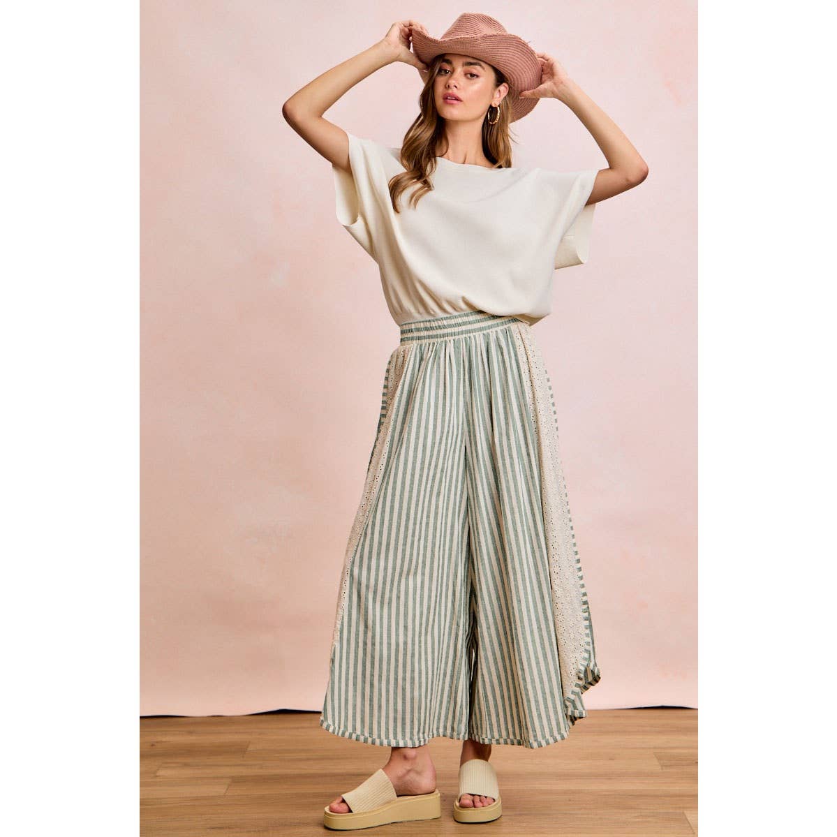 Green Stripe Eyelet Wide Leg Pants