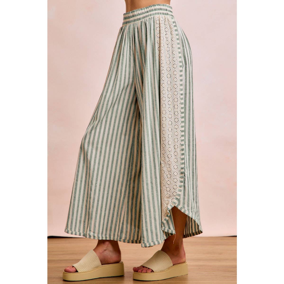Green Stripe Eyelet Wide Leg Pants