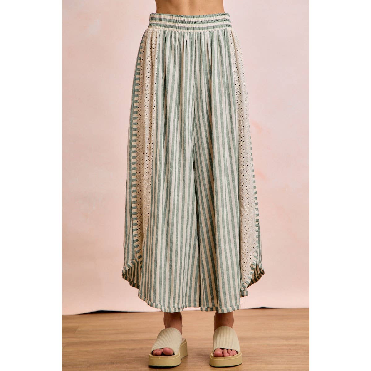 Green Stripe Eyelet Wide Leg Pants