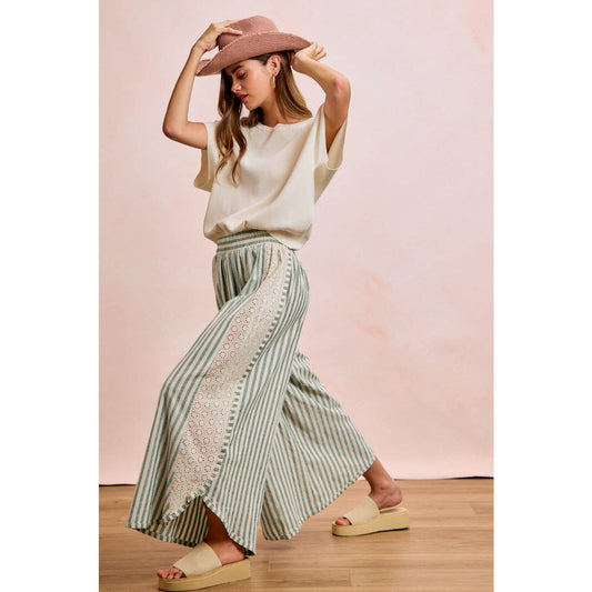 Green Stripe Eyelet Wide Leg Pants