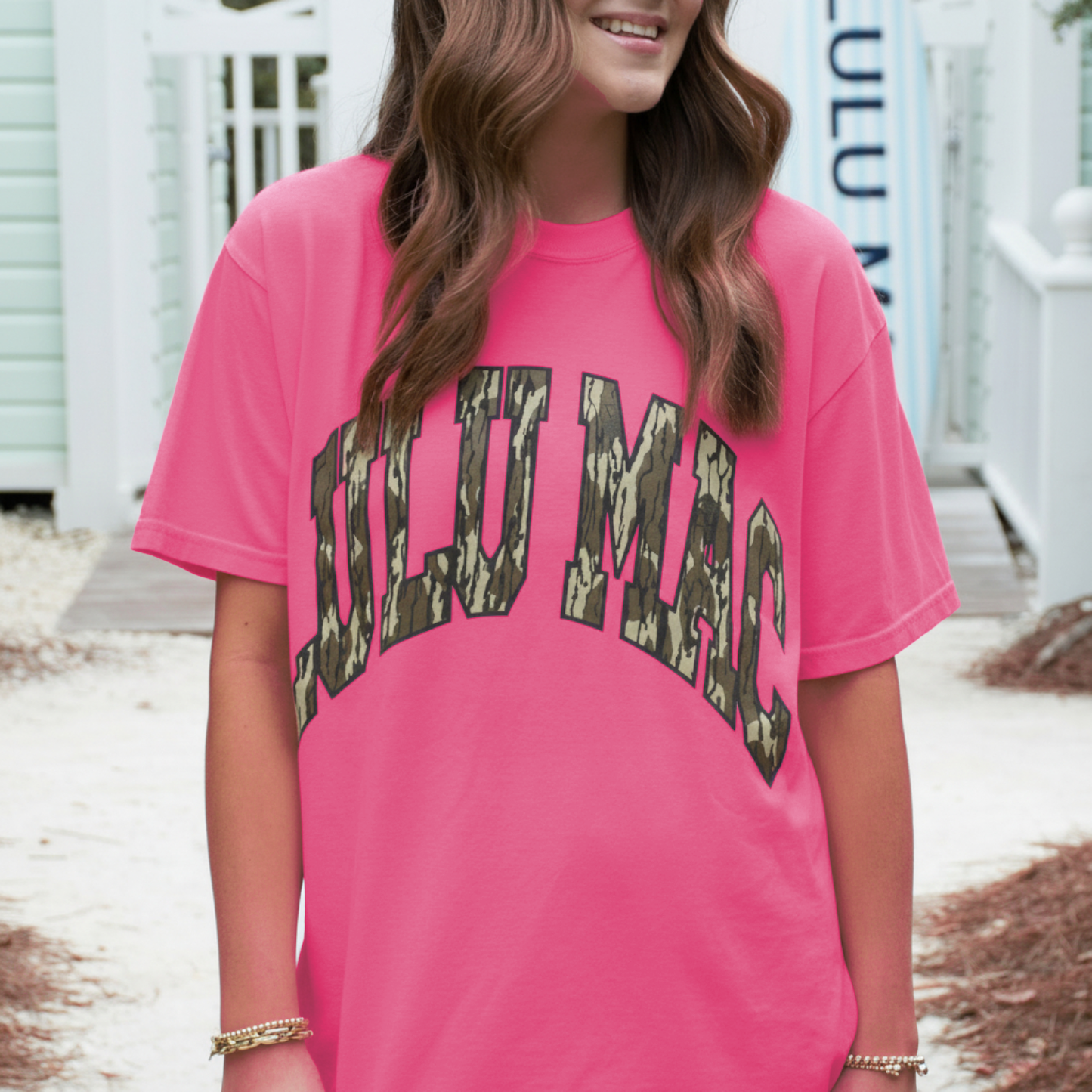Lulu Mac Mossy Oak Bottomland Neon Pink Comfort Colors Mossy Oak Tee