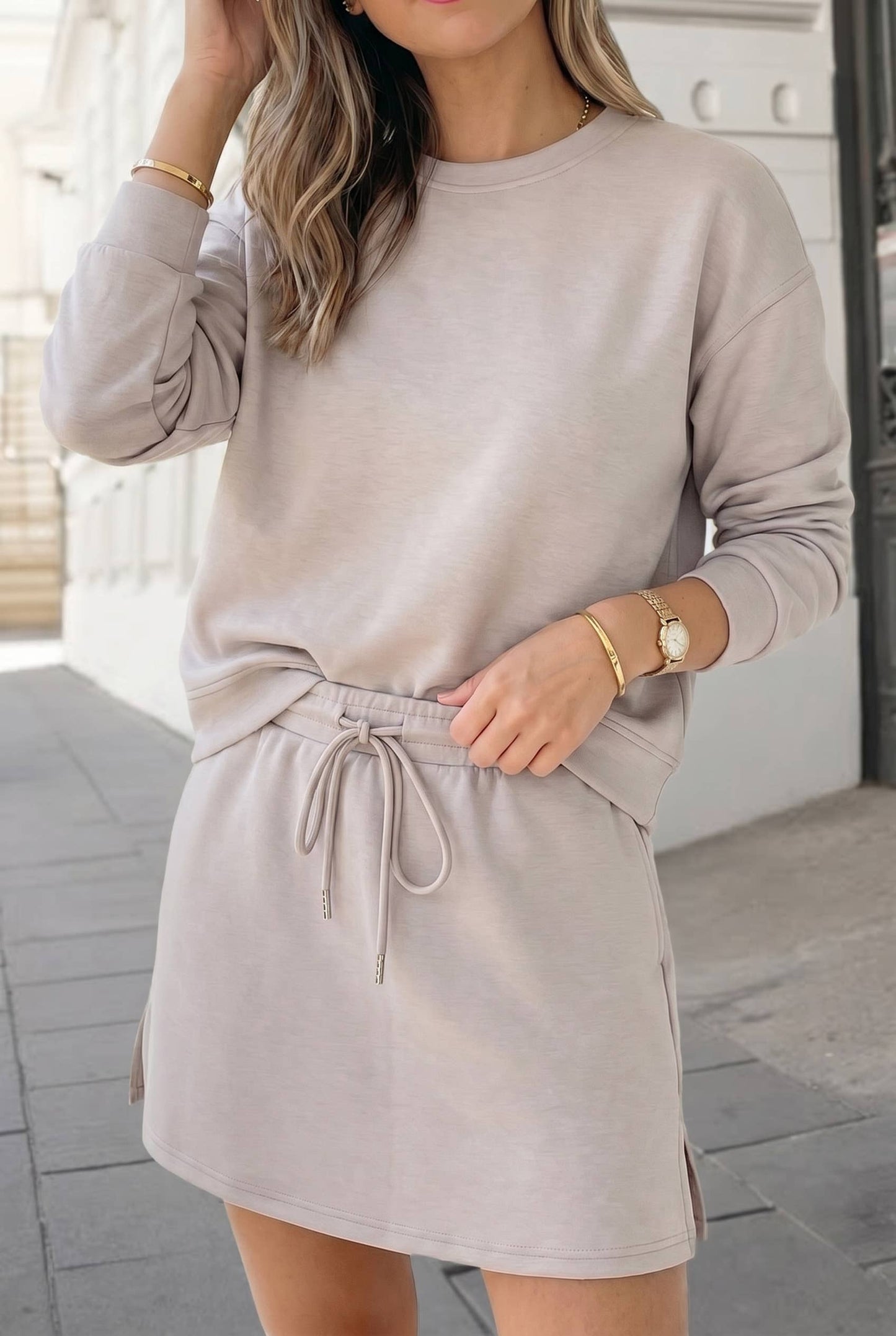 Solid Pullover Drawstring Mini Skirt 2pcs Outfit | S-XL