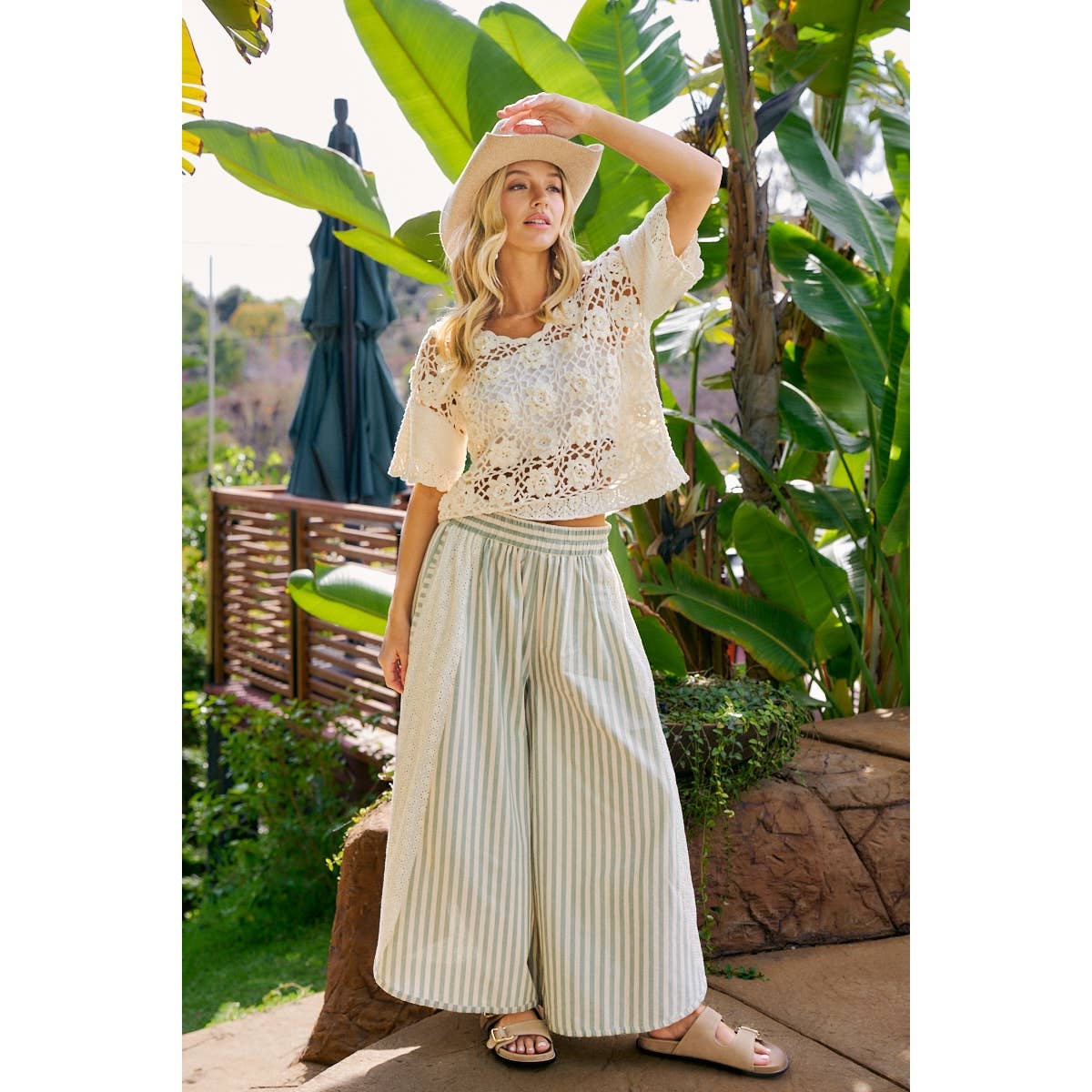 Green Stripe Eyelet Wide Leg Pants