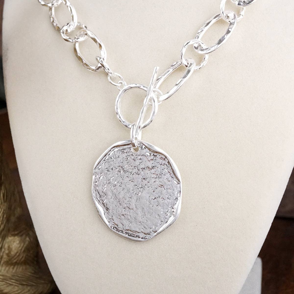 Front Toggle Statement Necklace with Hammered Disc