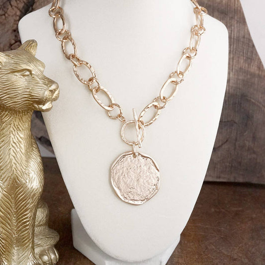 Front Toggle Statement Necklace with Hammered Disc