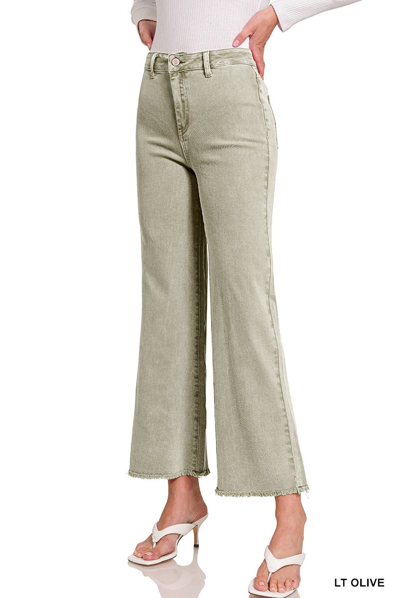 Zenana Acid Wash Frayed Hem Straight Wide Denim Jeans