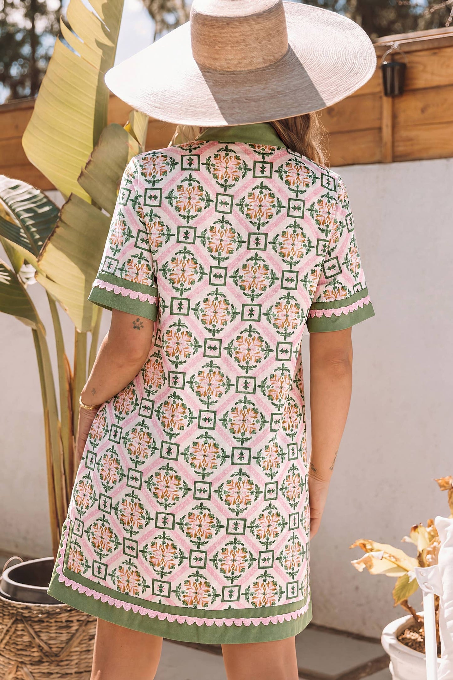 Boho Geometric Flower Print Short Sleeve Loose Mini Dress