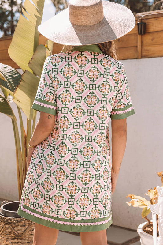 Boho Geometric Flower Print Short Sleeve Loose Mini Dress