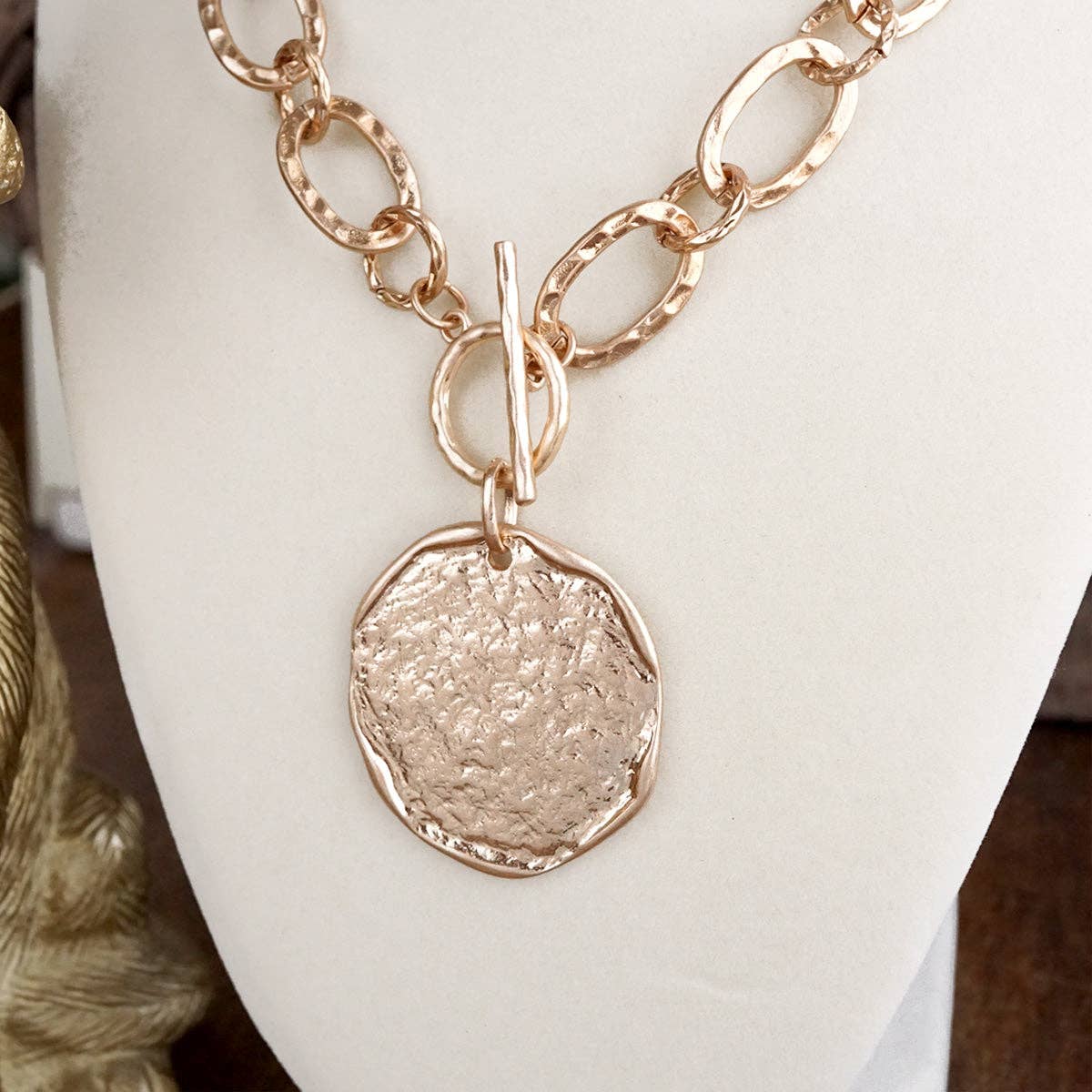 Front Toggle Statement Necklace with Hammered Disc