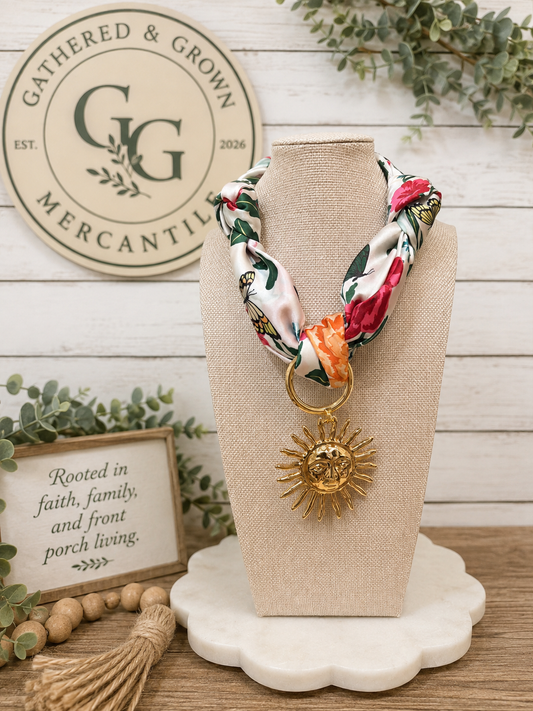 Floral Scarf Necklace with Gold Sun Pendant