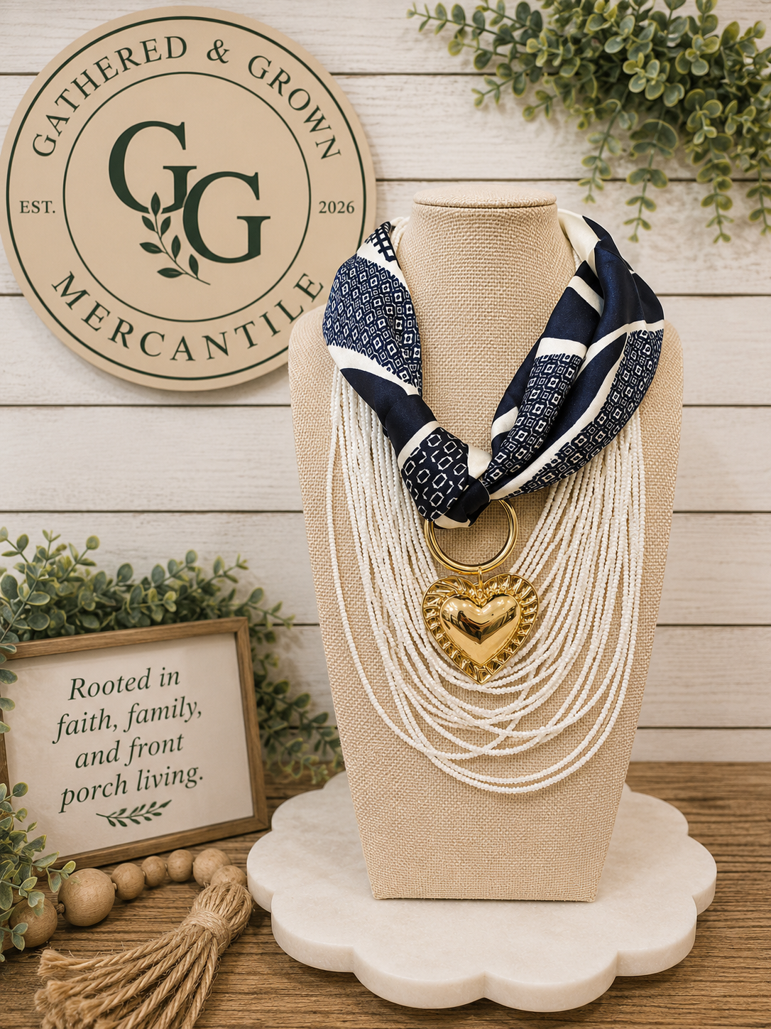 Navy Scarf Heart Necklace