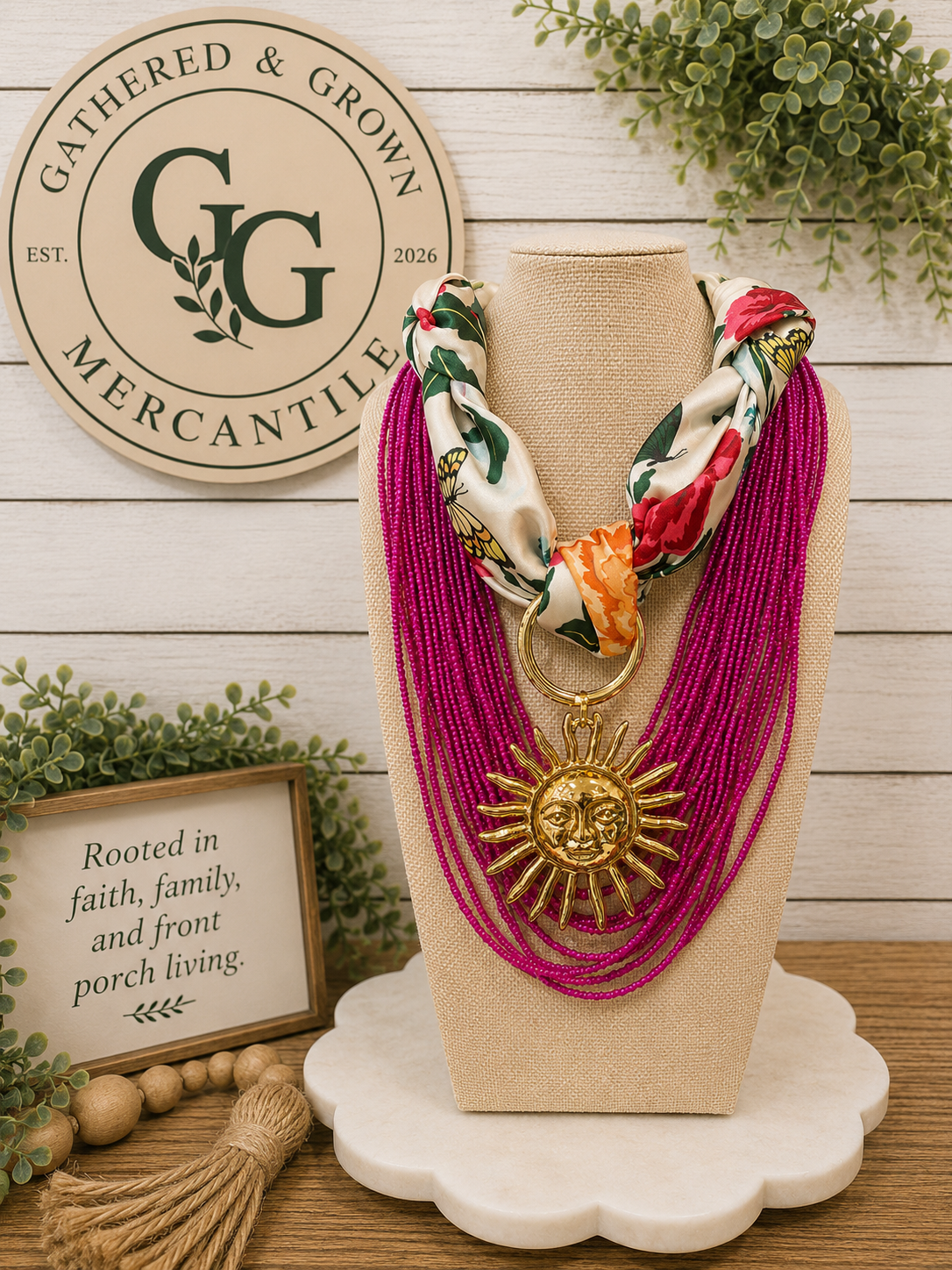 Floral Scarf Necklace with Gold Sun Pendant
