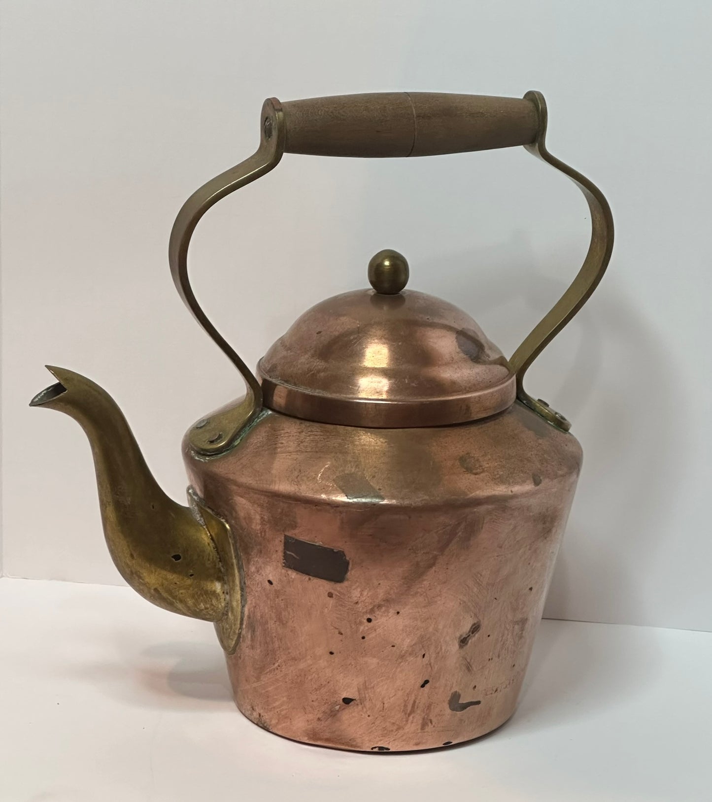 Vintage Copper Tea Kettle with Brass and Wood Handle