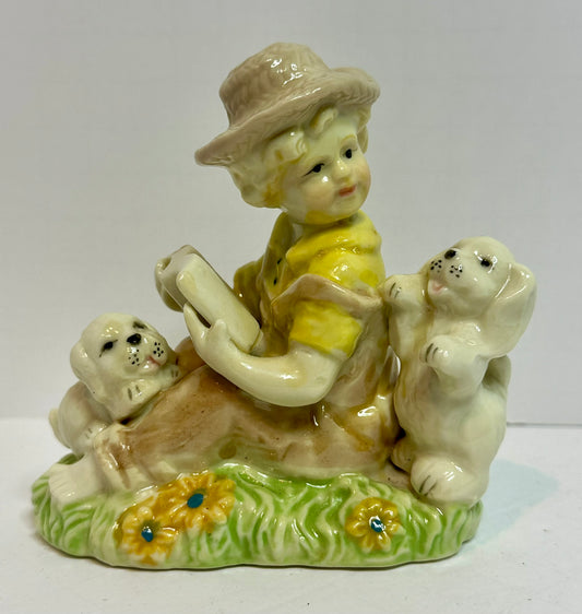 Vintage Child & Puppies Figurine – Pastel Porcelain Nursery Decor
