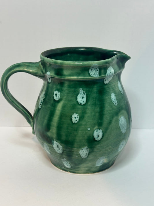 Vintage Studio Pottery Pitcher – Green Glaze with White Dots