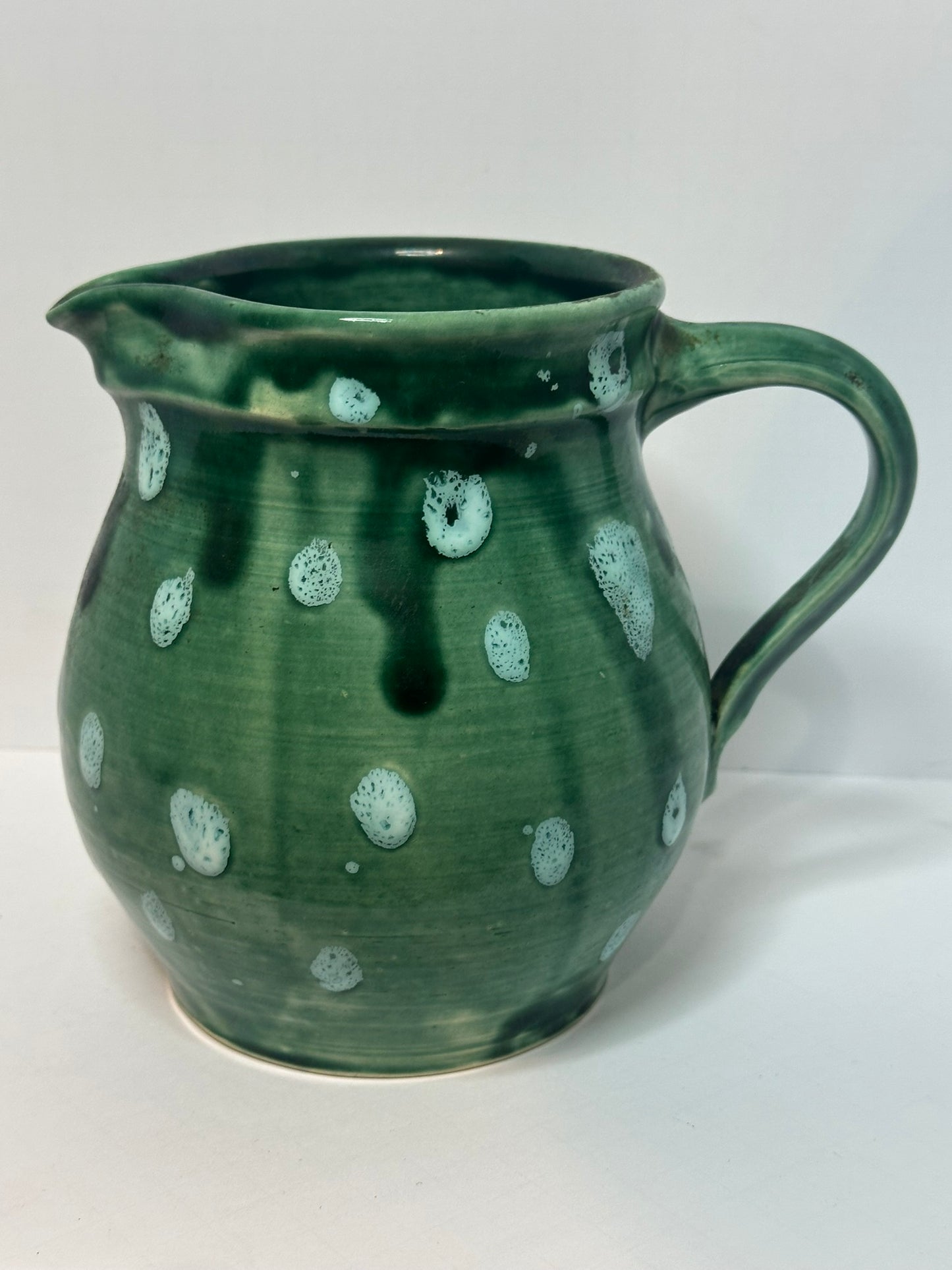 Vintage Studio Pottery Pitcher – Green Glaze with White Dots
