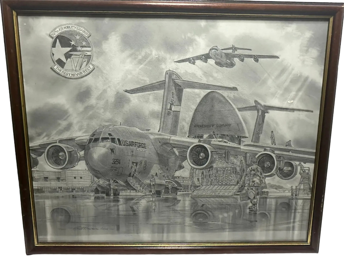 Framed Signed Military Aviation Drawing – 727th Air Mobility Squadron (2000)