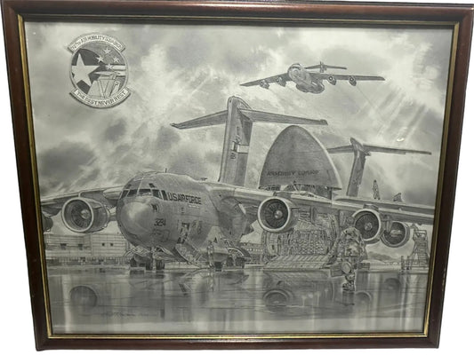 Framed Signed Military Aviation Drawing – 727th Air Mobility Squadron (2000)