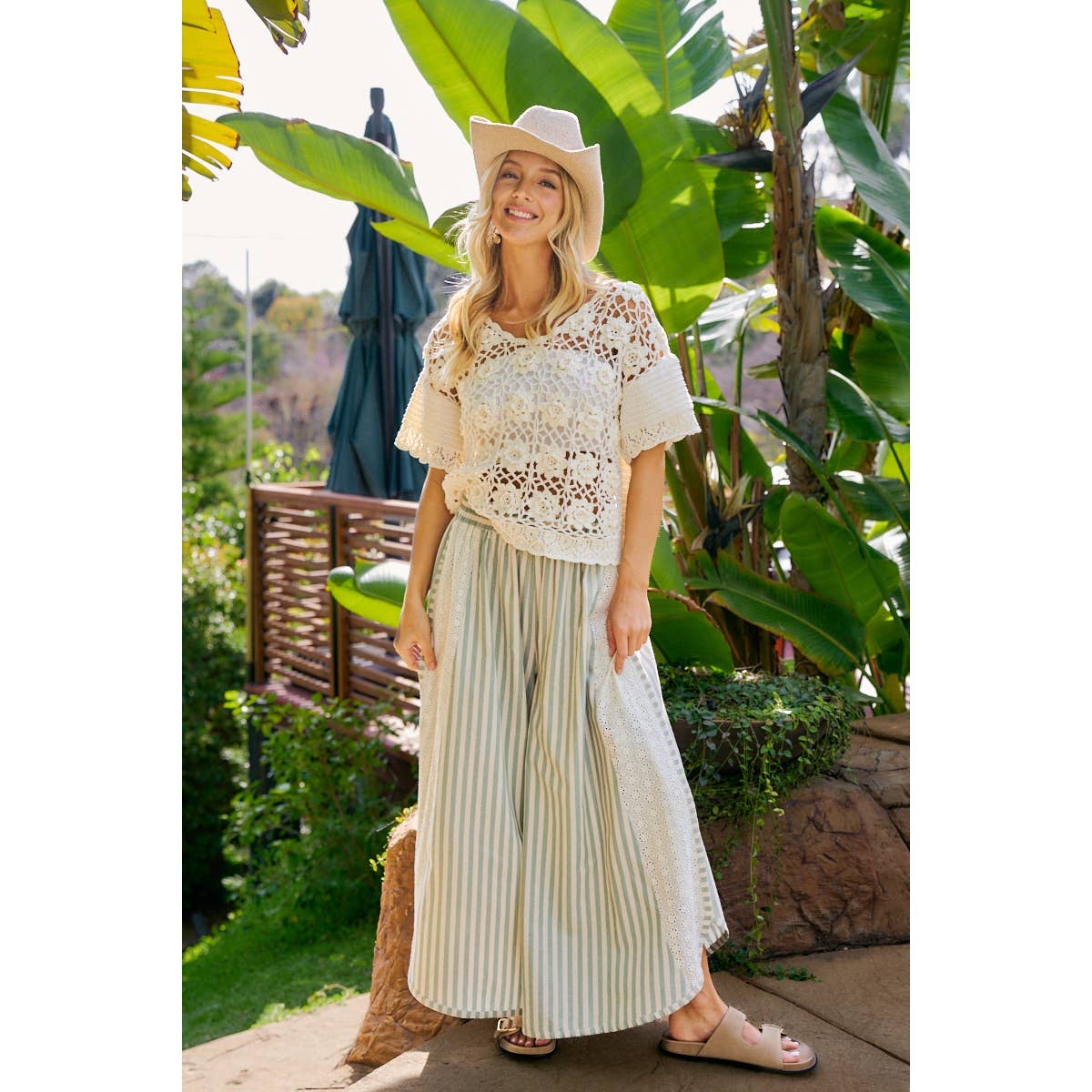 Green Stripe Eyelet Wide Leg Pants