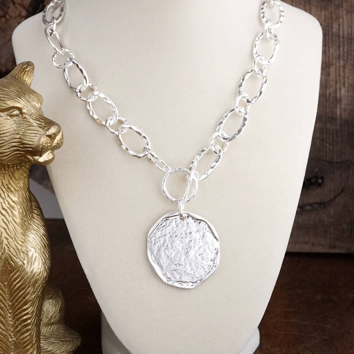 Front Toggle Statement Necklace with Hammered Disc