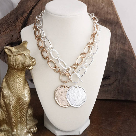 Front Toggle Statement Necklace with Hammered Disc