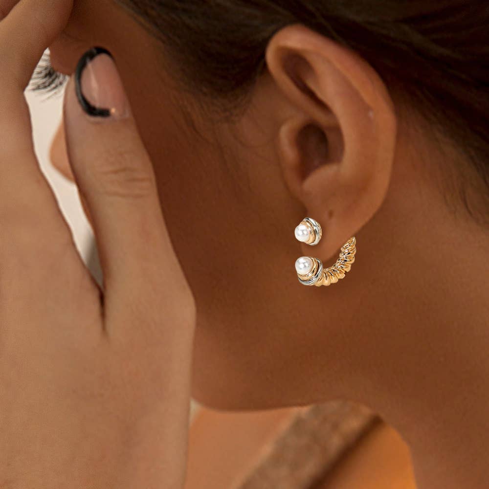 Stone Tip Two Tone Twisted Metal Ear Jacket Earrings