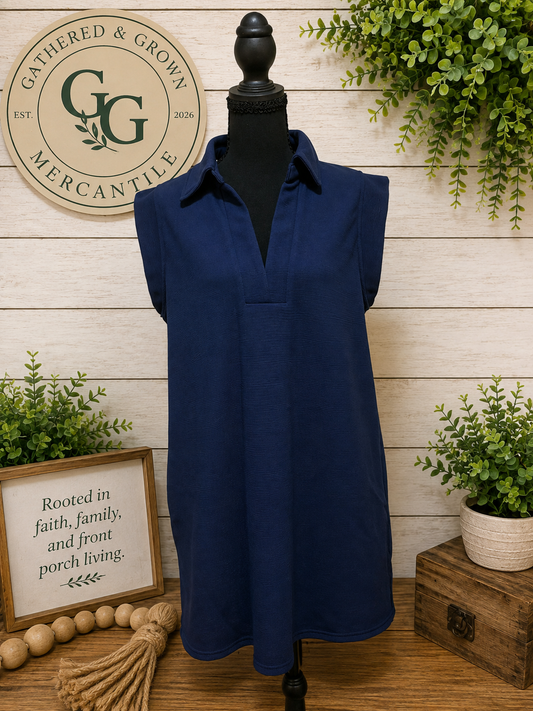 Navy Collared Shift Dress