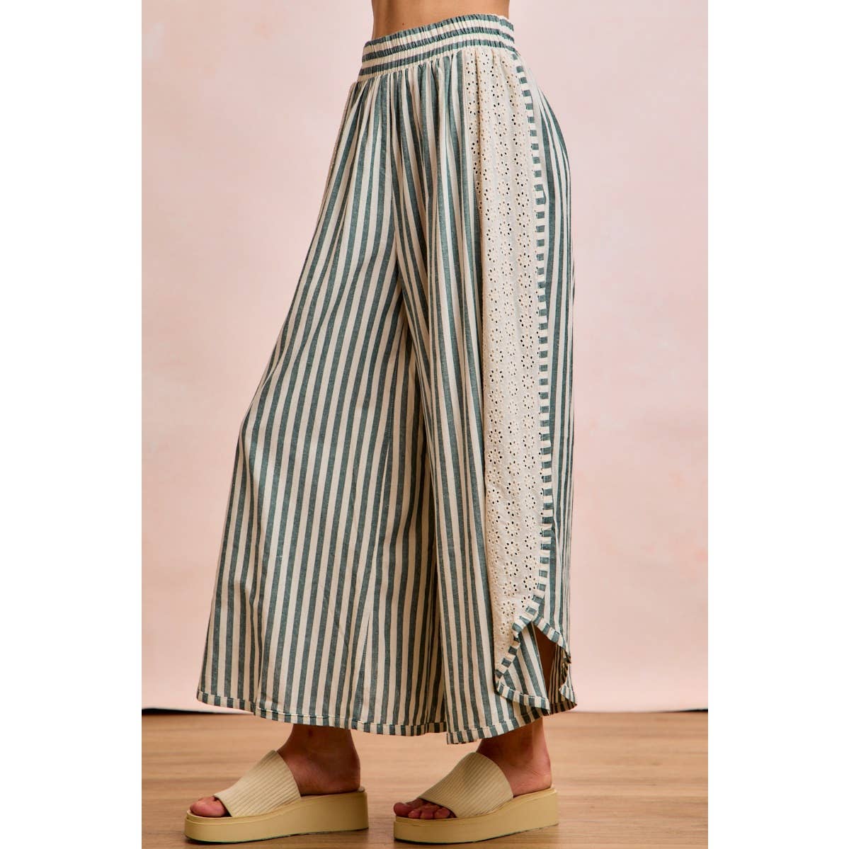 Green Stripe Eyelet Wide Leg Pants