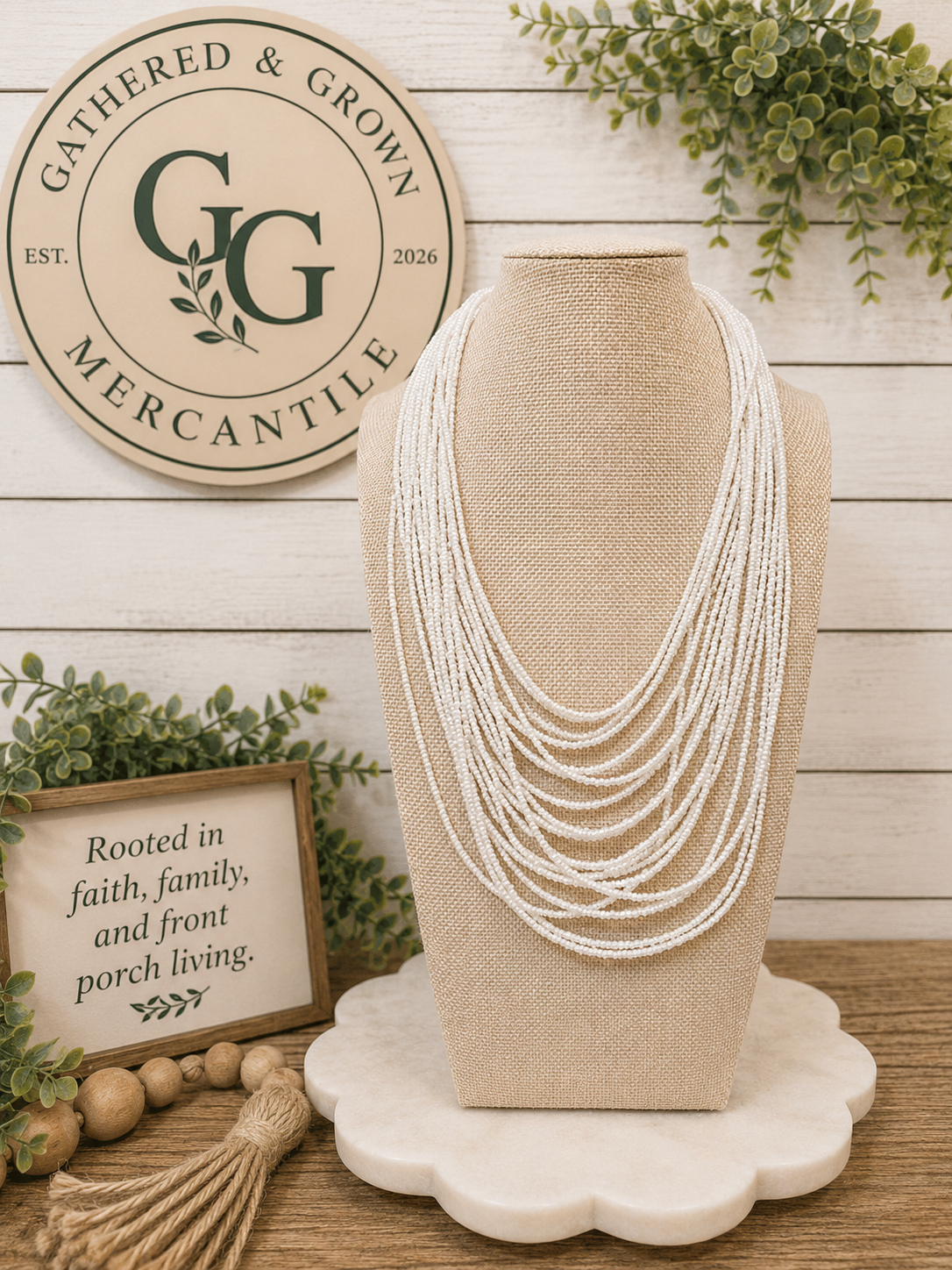 White Multi-Strand Beaded Necklace